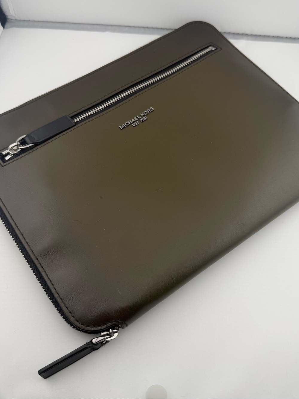 MICHAEL KORS Olive Green Leather 13” Laptop Sleeve with Front Zip